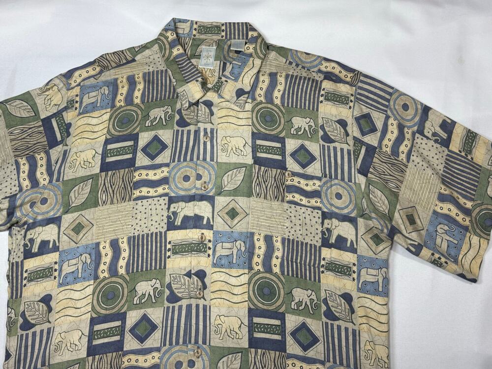 Vintage Burma Bibas Shirt Mens Silk Short Sleeve Button Up Size XL Beige Blue